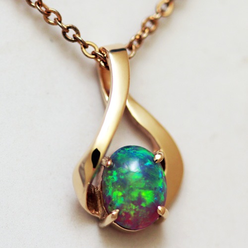 14k Yellow Gold Pendant with a SOLID CRYSTAL OPAL Very 3D show, Bright Green Floral Harlequin pattern